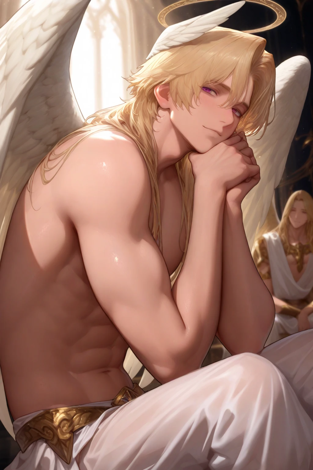 young teenage man with long blonde wavy hair, semi round face, golden eyes, big smile, cute, with white angel wings, naked showing his cock