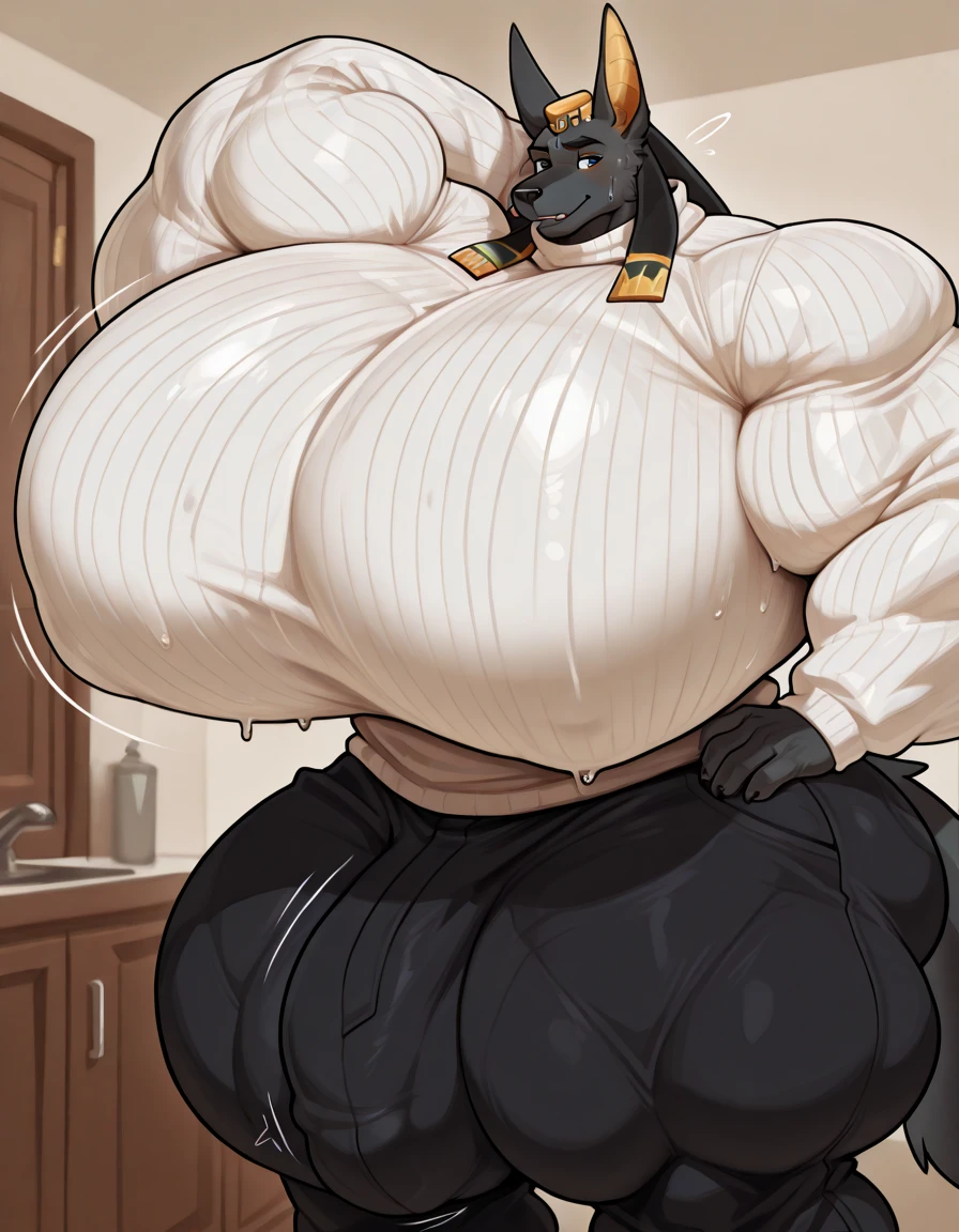 Female, cow, ((anthro cow girl)), bovine, cow woman, bovine, cow girl, cow, (cow woman), a goth woman, fluffy body, dark brown fur, brown fur, black spots, black noes, cow noes, cow, cow face, a tall and curvy figure, highres, and a hyper massive voluptuous body. She has large thick fat breasts, (gigantic breasts,  1.5), she has thick breasts, an extremely thick giant fat enormous sexy huge humongous gigantic ass, thick figure. The woman has cute short dark black hair, detailed eyes, blue eyes, and is wearing cute glasses. She has a seductive expression, ahegao expression, moaning. The woman is wearing a large black sweater and gray leggings, wearing a spiked choker, wearing black makeup, (black eye shadow), and has cow horns, cow hooves, a long cow tail, {(cow tail)}, (tail). She is standing in her bedroom, holding her belly, sweating, moaning, and gaining weight, with a sexy fat body. ((obese, fat, excess fat)), (morbidly obese body:1.5) (fat neck and chin), xxxxl size belly. (Very large thighs) (((Colossal thighs, massive thighs, very large thighs))), full body, masterpiece, (NSFW), (exaggerated proportions), (hentai), (perfect anatomy), ((detailed manga illustration)), (detailed face), (4k wallpaper), (best quality,4k,8k,highres,masterpiece:1.2),ultra-detailed,(realistic,photorealistic,photo-realistic:1.37),HDR,UHD,studio lighting,ultra-fine painting,sharp focus,physically-based rendering,extreme detail description,professional,vivid colors,bokeh,portraits,goth, fantasy