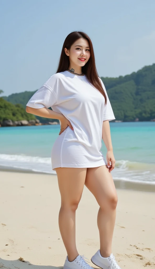One lady、((best qualtiy、8k masterpieces:1.3))、foco nítido:1.2、(ultra beautiful faces:1.0)、(shinny skin:1.0)、photos realistic、A dark-haired、Video Lighting、High-definition eyes and face、Video Lighting、(Korean Cute Actress)、from the front side、medium breasts、Smile、Slender Abs Beauty、Whole body、wearing t-shirts、On the beach at night