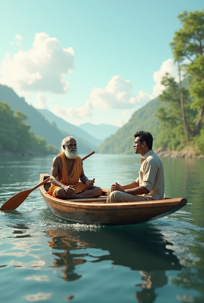 A Indian man and a boy in a boat
