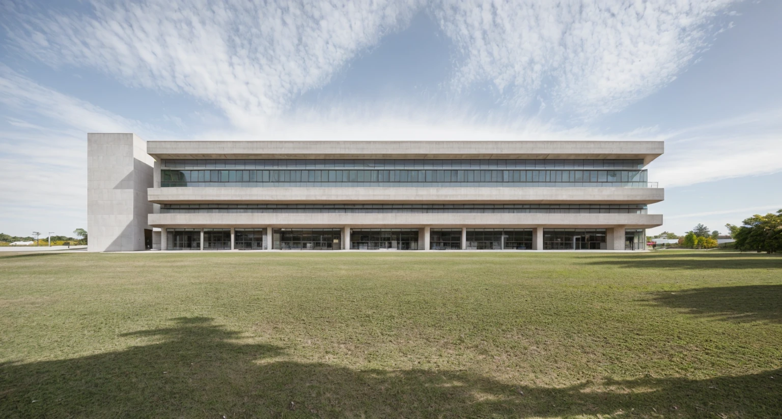 iA modern corporate office building with raw white concrete exterior walls, minimalist and clean architectural style. The structure is multi-story with wide windows, minimal glass facade, sleek design lines, and a contemporary main entrance. Surrounded by green lawn and clear blue sky, with flags fluttering at the front. A company logo is displayed on the facade. Shot in daylight from a cinematic wide-angle perspective. The image should be hyperdetailed and photorealistic, 50mm f/2.8 cinematic depth of field, ominous undertones, dynamic lighting, CGI VFX, 8k ultra-fine detail, unreal engine 5 realism, perfect natural colors, extremely photorealistic