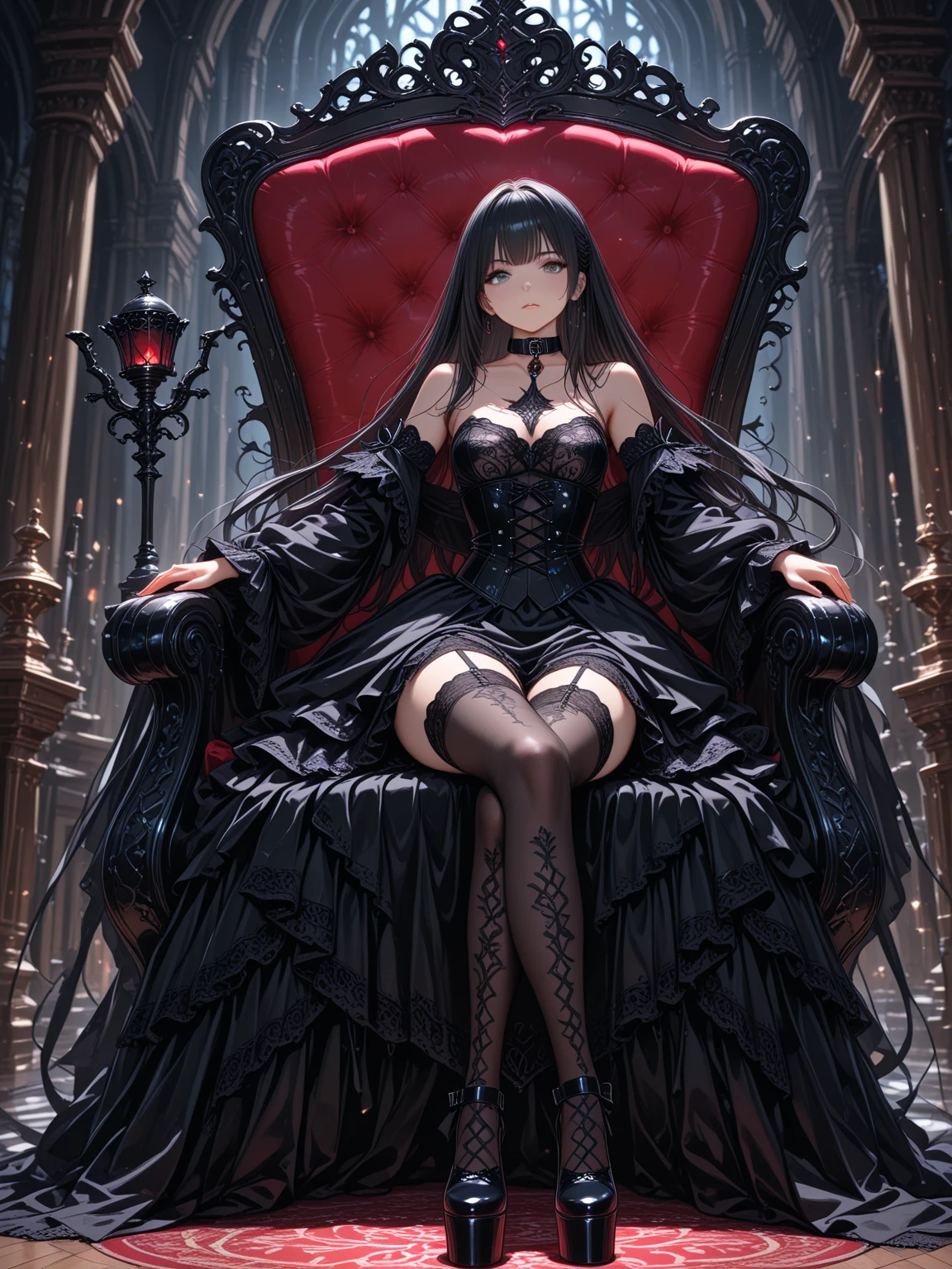 ((best quality)), ((masterpiece)), (detailed), (ultra realistic), ((1woman)), wearing a dark fantasy black dress, highly detailed face and glowing eyes, long hair, sexy, queen of evil empire, sitting on a dark evil throne, (dark theme), (night time), low light, sharp, edgy, jagged, rough, high class, royal, intimidating, dominating, powerful, graceful, classy, cinematic, award winning.