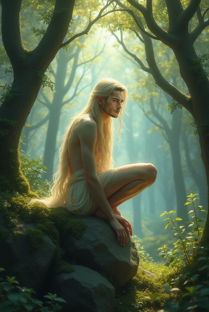 A man with long white hair, fox ears and a tail, she sits naked among green plants