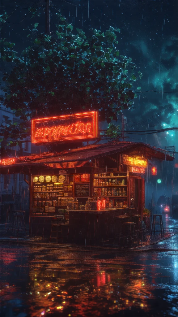 an abstract painting of a desolate city street corner with flickering streetlights and empty storefronts, thick fog, wet street reflections, muted dark green, oranges and red, foreboding mood, midnight