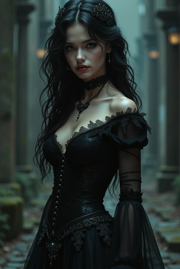 Arab female vampire of the Tzimisce clan, wavy black hair, black eyes, pointed ears, long closed dress