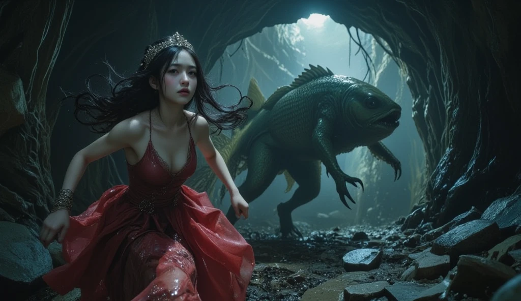 Generate an aerial angle birds eye view image of a  beautiful humanoid dragon girl , face of beautiful  human detailed scale photo realistic with menacing wings, color red and silver unreal engine standing , getting out from the swamp with floating algae , dynamic pose with a background full of large vines dramatic angle view high coloration 4k resolution but