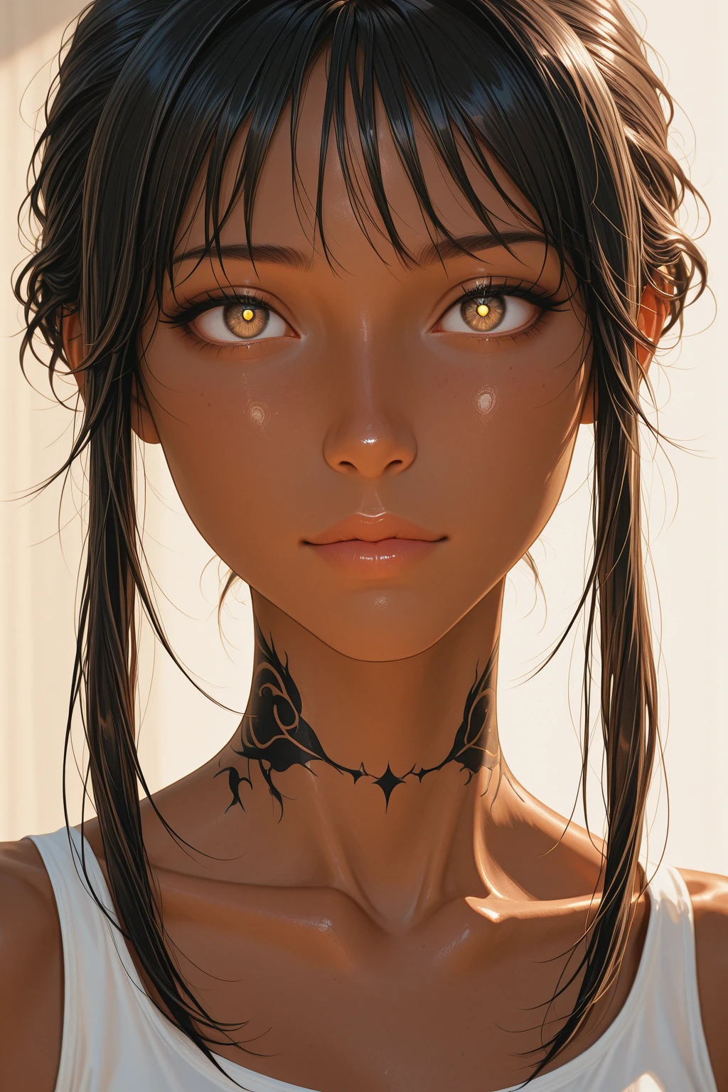 score_9, score_8_up, score_7_up, score_6_up, 1girl, solo, jewelry, rating: safe, brown_eyes, black_hair, lips, makeup, armlet, breasts, egyptian, egyptian_clothes, dark_skin, nose, earrings, gold, lipstick, cleavage, realistic, looking_at_viewer, medium_breasts, open_mouth, oral_invitation, piercing, gyaru, blunt_bangs, bangs, bob_cut, vampire, long_fangs, (from_above:1.3), downblouse, dark, silk, see-through, blood_from_mouth, blood_on_clothes