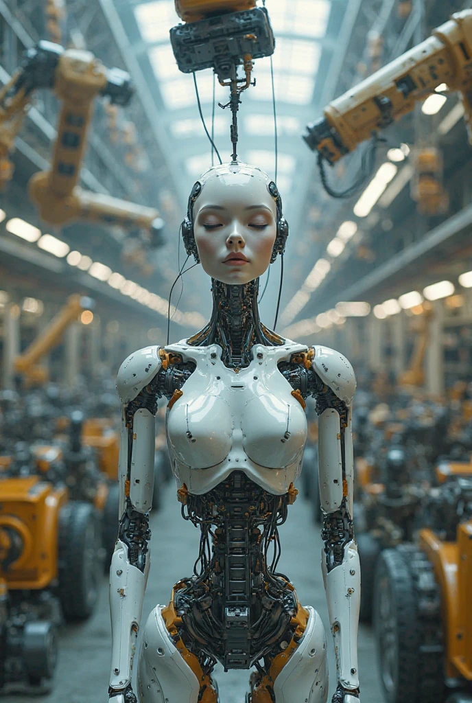 Android girl, whole (body), Large amount of wiring from the head, damaged legs, Robotic head repair, Room full of machines and LCDs.