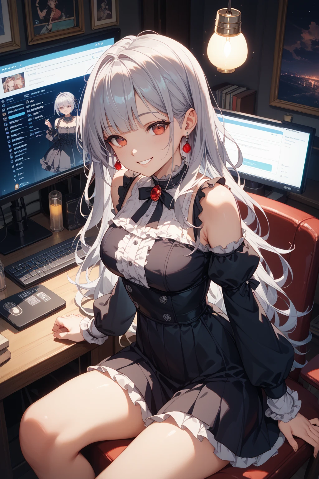 Highest quality, masterpiece, 超High resolution,Seraphim, skirt,View your viewers,indoor, sitting at a desk with a laptop and a camera,One girl ,Red eyes, Cleavage, Multicolored Hair, Grey Hair, Striped Hair, hair ornaments, smile, Black Hair, Clothing cutouts,Black jacket, Earrings, Braiding, tooth,Long Hair,masterpiece, High resolution, Octance 4K, Attention to detail