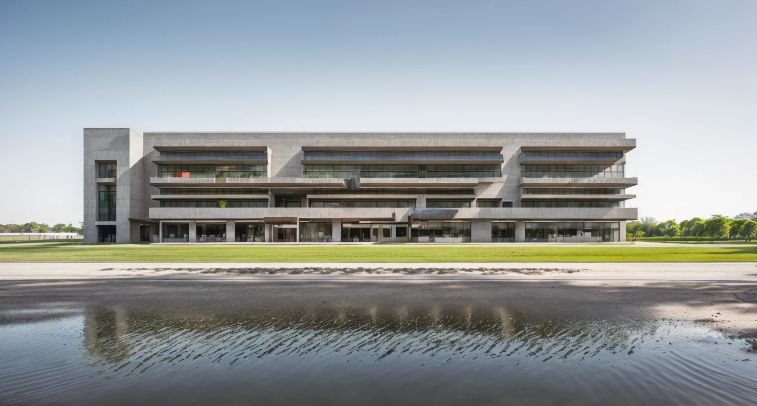 A modern corporate office building 4 storey, red , white facade, [few windows] , [few glass wall], minimalist and clean architectural style. The structure is multi-story with wide windows, minimal glass facade, sleek design lines, and a contemporary main entrance. Surrounded by green lawn and clear blue sky, with flags fluttering at the front. A company logo is displayed on the facade. Shot in daylight from a cinematic wide-angle perspectiv