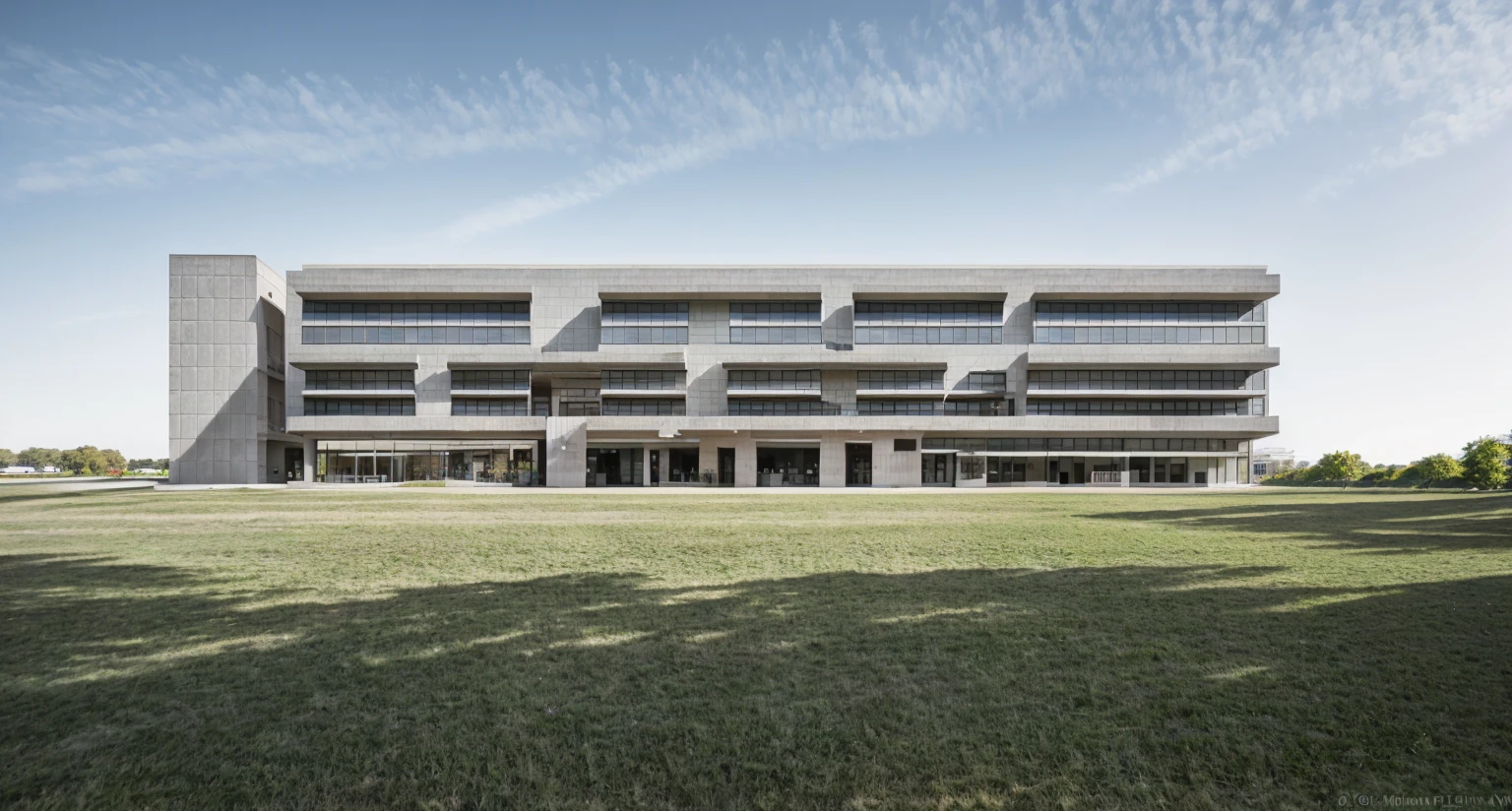 A modern corporate office building 4 storey, red , white facade, [few windows] , [few glass wall], minimalist and clean architectural style. The structure is multi-story with wide windows, minimal glass facade, sleek design lines, and a contemporary main entrance. Surrounded by green lawn and clear blue sky, with flags fluttering at the front. A company logo is displayed on the facade. Shot in daylight from a cinematic wide-angle perspectiv