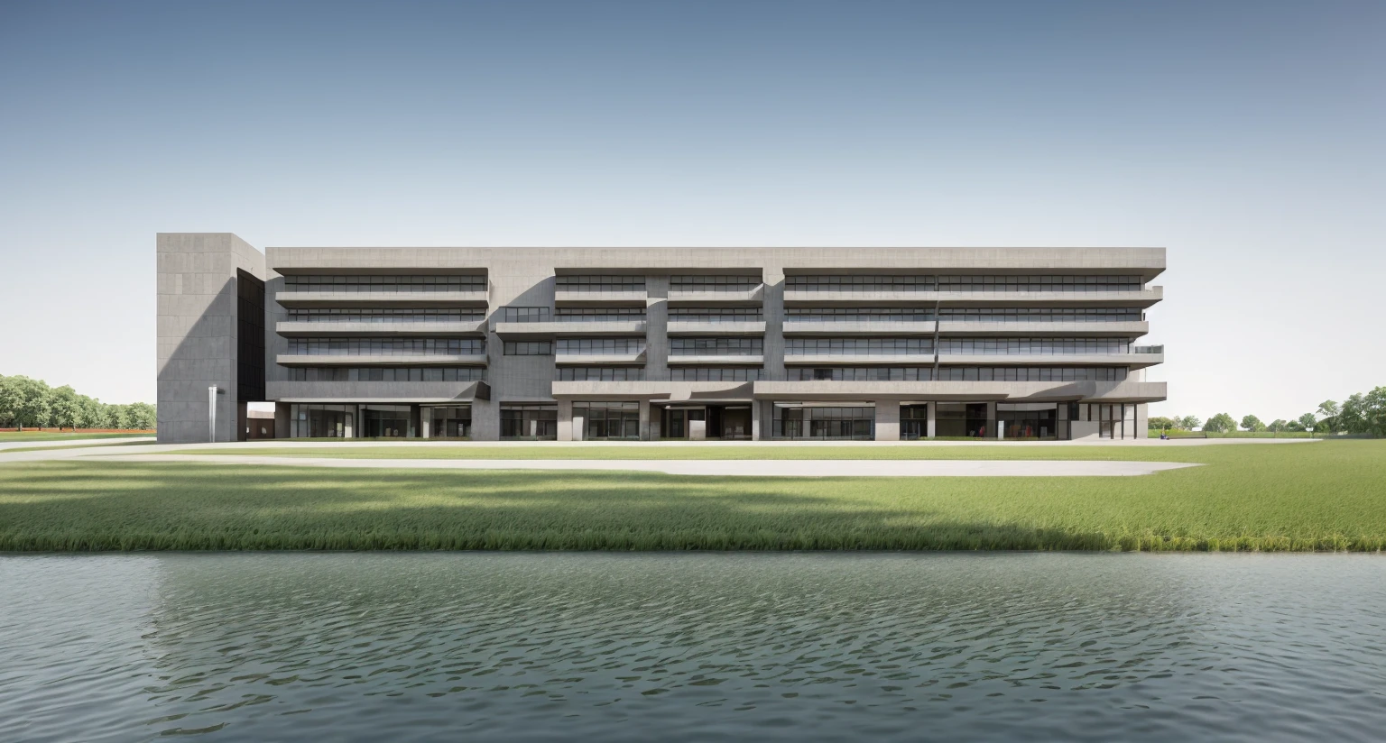 A modern corporate office building 4 storey, red , white facade, [few windows] , [few glass wall], minimalist and clean architectural style. The structure is multi-story with wide windows, minimal glass facade, sleek design lines, and a contemporary main entrance. Surrounded by green lawn and clear blue sky, with flags fluttering at the front. A company logo is displayed on the facade. Shot in daylight from a cinematic wide-angle perspectiv