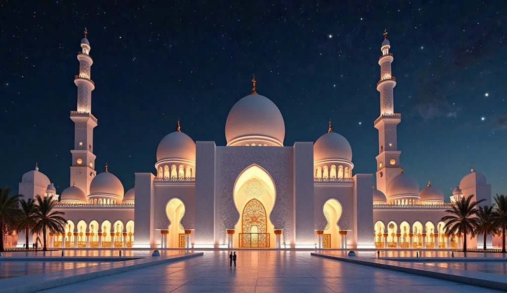 A tiny futuristic mosque inspired by Disneyland concepts, blending traditional Islamic architecture with thematic areas. The mosque has separate zones: one for learning about the Quran, one depicting Islamic history with visual displays, and a serene garden symbolizing paradise with lush greenery and fountains. The central prayer hall is illuminated with soft lighting and features interactive elements, such as a video projection on the dome showcasing Islamic stories. The exterior is clean and well-maintained, with friendly attendants. Families are seen engaged in various activities, making the mosque a welcoming and inclusive place for all ages in full moon