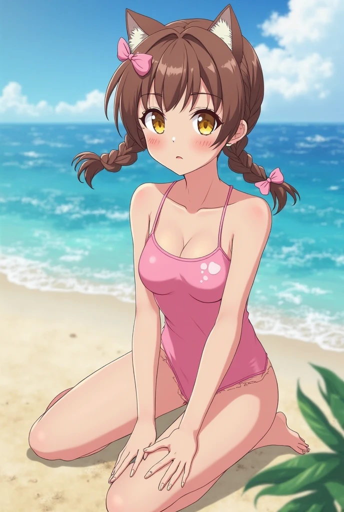 (masterpiece, 1girl, highres, kinomoto_sakura, green eyes, wearing (two-piece white swimsuit ), kneeling, good mood, very detailed, full of detail, on a beach, cinematic lighting),