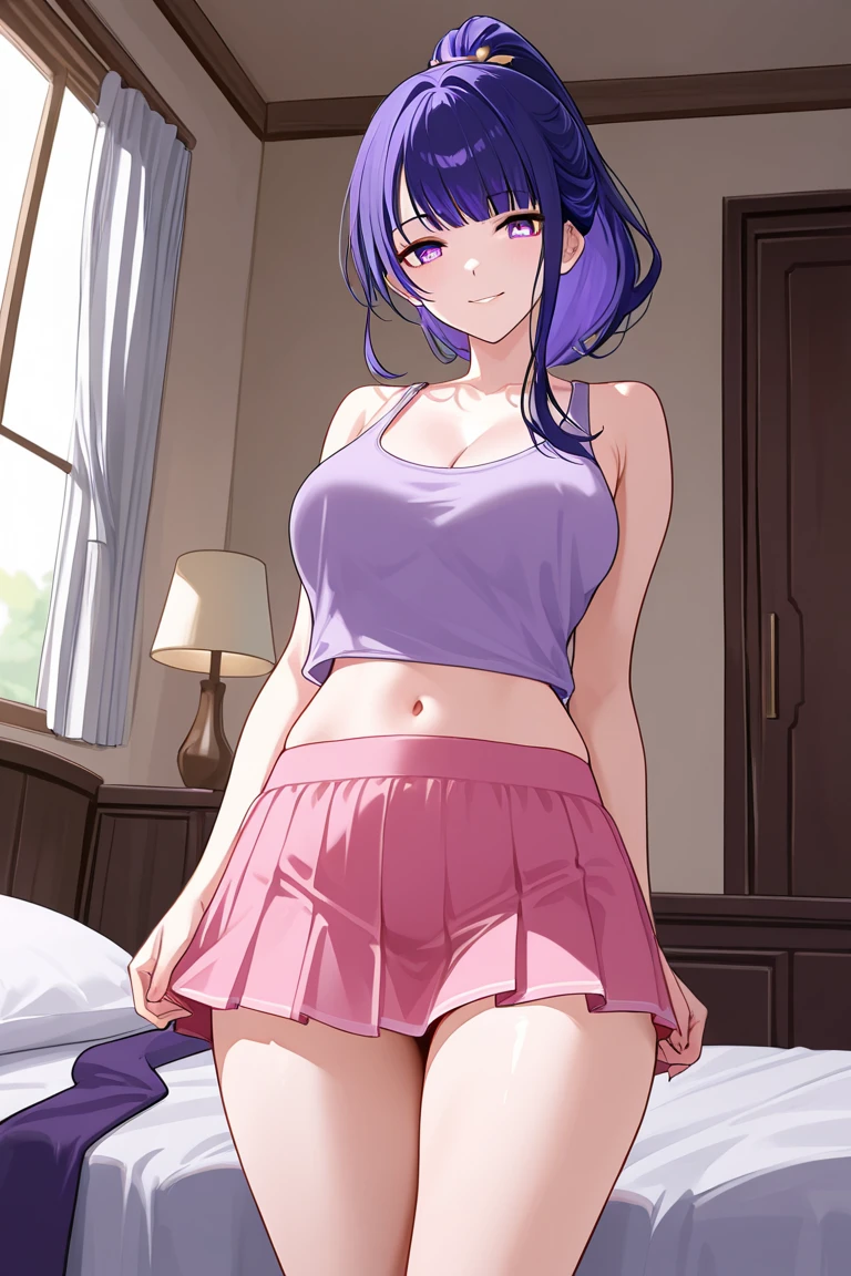 {{{NSFW}}},(masterpiece:1.2),(ultra quality:1.2),(ultra detailed:1.2),(ultra-high resolution:1.2),(very fine 8K CG wallpaper:1.2),Mejiro McQueen\(umamusume\),{1 girl,beautiful girl,cute,smile,kawaii, lovely,blushing,playful expression},sharp focus,oily skin,beautiful detailed hair,glossy hair,(wear school uniform:1.5),(lying on the bed:1.2),wear long school skirt,perfect two legs,(spread two legs:1.2),(show-off-white-panties:1.3),five fingers,large breaths,wear black pantyhose,beautiful detailed eyes,jewel like eyes,violet eyes, (two hands behind head:1.1),open mouth,armpits, solo,beautiful navel,  looking at viewer,collarbone,earring