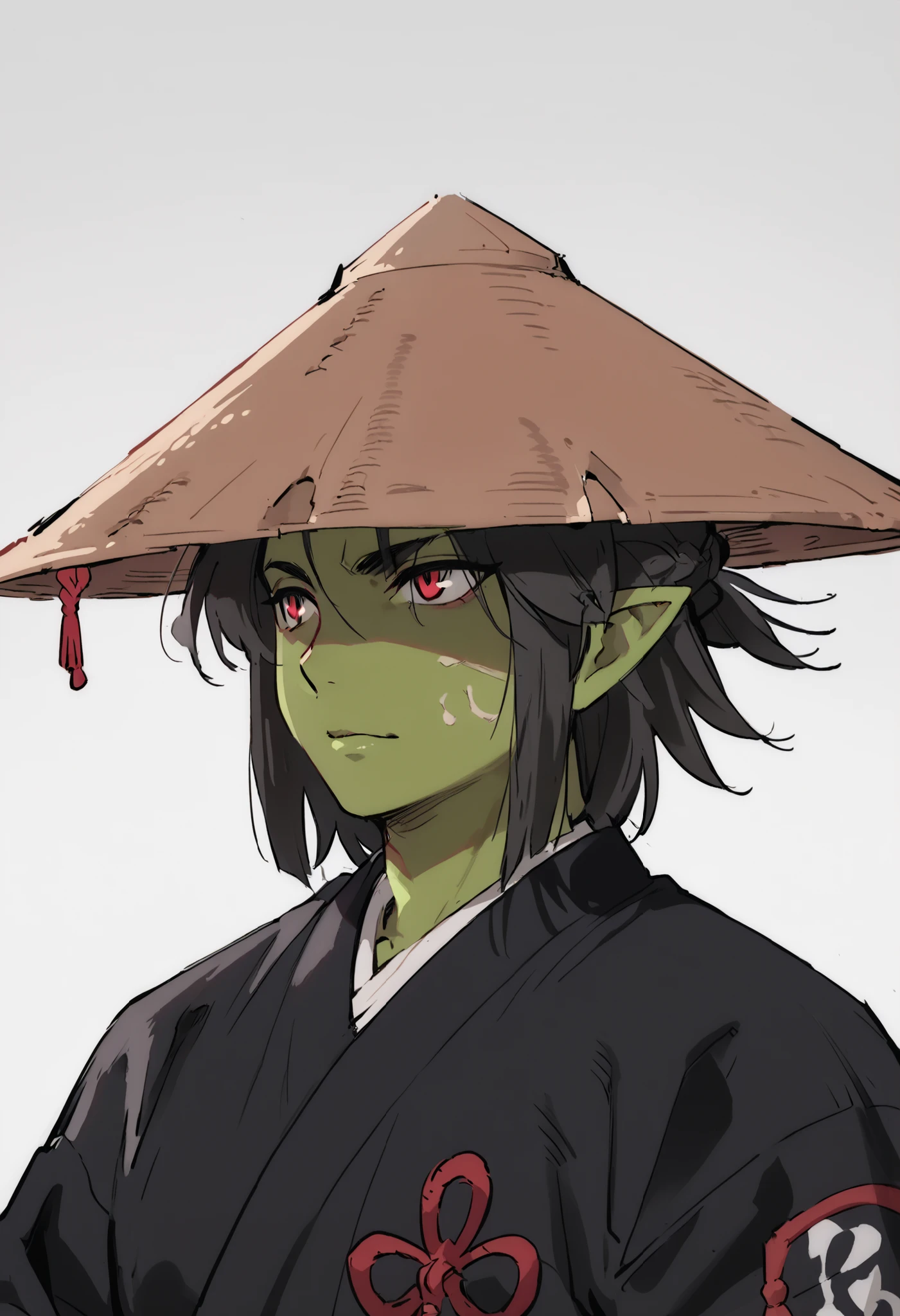 (high-quality, breathtaking),(expressive eyes, perfect face) 1boy, male, solo, adult, masculine face, dark black color hair, red eye color, green skin, colored skin, goblin, medium hair length, tied back hairstyle, Symmetrical Eyes, portrait, wide shot ,calm serious expression, grey background, samurai kimono, samurai, muscular build, pointy ears, black kimono, wandering ronin, short height, small, narrow eyes, strawhat, conical hat,