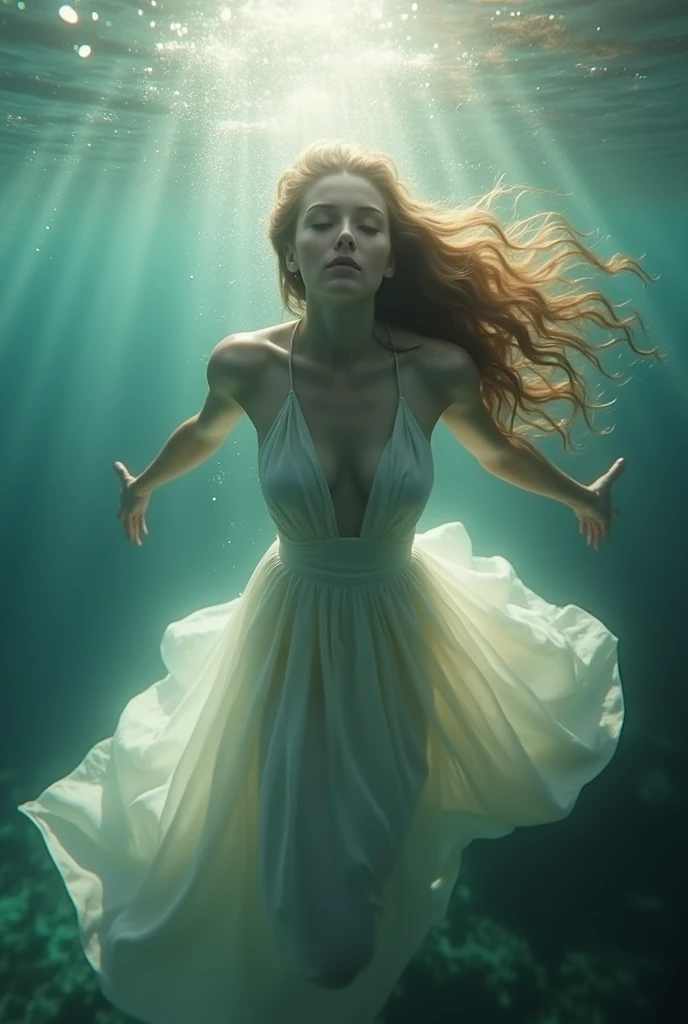 (masterpiece:1.2), best quality,(HDR:1.4),High detail RAW color photo professional, highly detail face: 1.4, a detailed portrait of a woman floating underwater wearing long flowing dress, nymph style, amazing underwater, detailed skin, wet clothes, wet hair, see-through clothes, lens flare, shade, tindal effect, lens flare, backlighting, bokeh