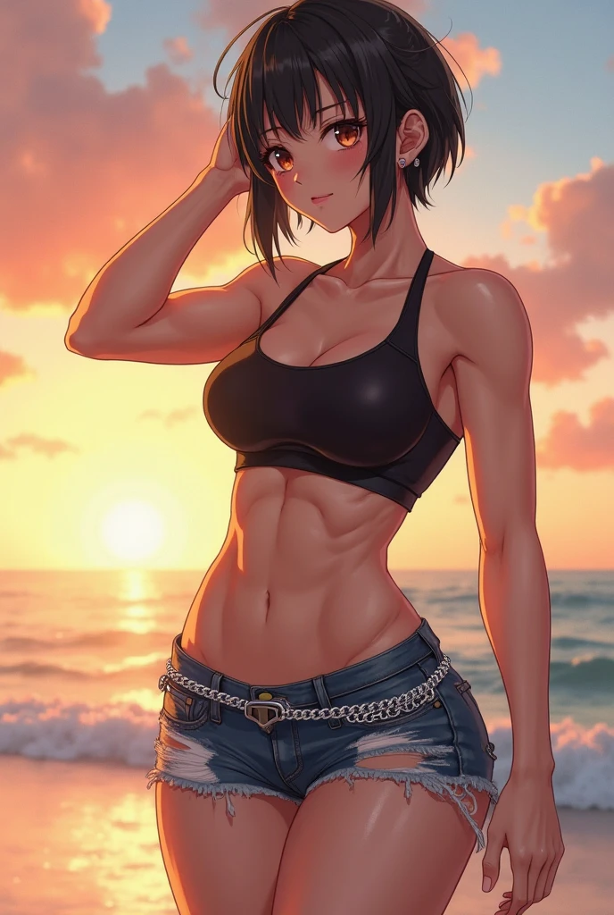 ( female character) ( muscular body ) ( short black pixie cut hair ) ( large breasts ) ( visible abs ) ( biceps ) ( v shaped bikini bottoms ) ( string bikini top ) ( walking down a beach ) ( sun shades )
