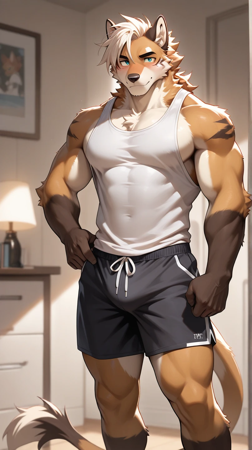 bara white tiger furry leaning on wall wearing only tight purple boxer briefs, tall, massive pecs, broad shoulders, sultry gaze, purple eyes, smirking at camera seductively, sultry teasing gaze, one hand on his thigh near his bulge, running his hand through his hair, long legs, looking at viewer, slight side view, huge bulge, side view, bedroom, sunlight casting over,Bara, Furry, dynamic shading