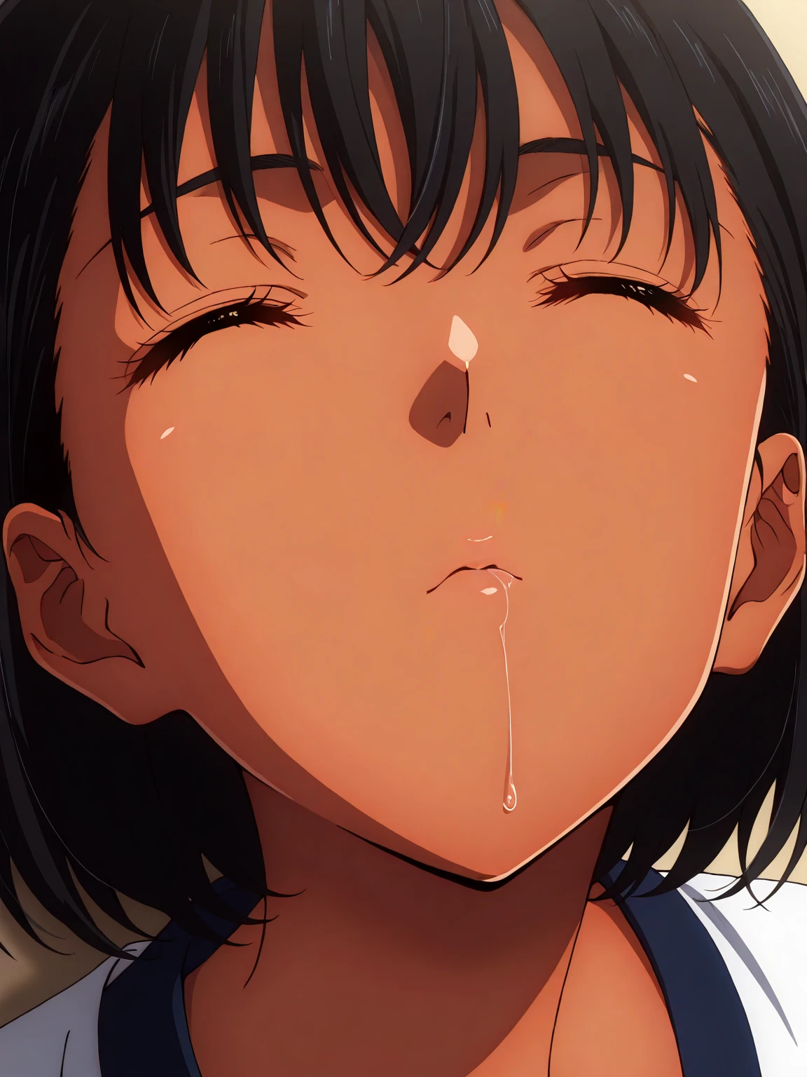 ,1woman,mature woman holding boy's penis in hand,handjob,woman,black hair,woman focus,tongue out,sweaty,bukkake,brown collared blouse,at nightclub,cum,detailed skin,bangs up hair,suffering,short bob hair,tanned skin,crying and smile,look up,excessive cum in mouth