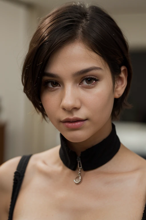 Isabela Merced and friend, portrait photo, close-up of face, bob_cut hair, smiling seductively, (skin texture:1.1), (high detail face:1.1),high detail body, high detail clothes, choker, (masterpiece), (realistic), ultra high definition, 4k, ultra high resolution, cinematic lighting, rim lighting, photo by Mark Mann, RAW image