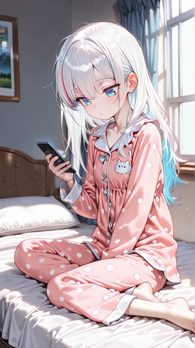 4k, realistic, carismatic, very detail, there is a girl on bed, wearing pajama, she is sleepy, white theme, white hair, 25 years old, full body