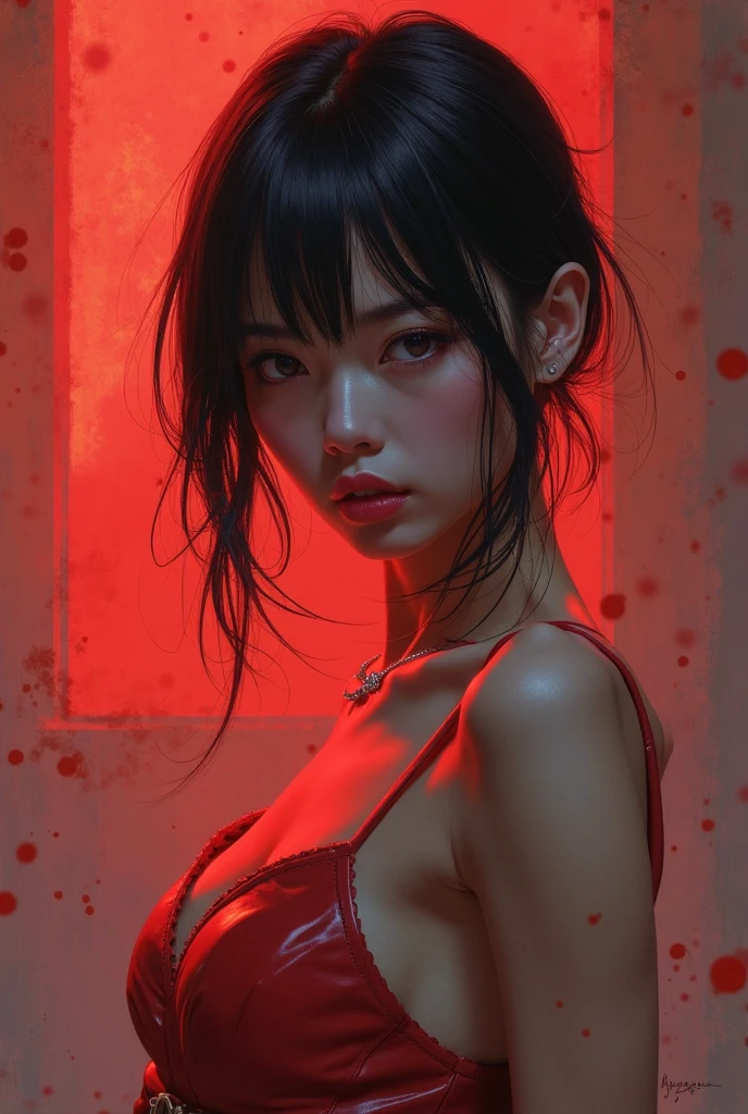 black andwhite，Absolutely beautiful woman，Bust，Broken mirror，Black and white splitting，Red tears，Black and white painting，Broken，sublevel，Black and white，Eroded by darkness and light，对称
