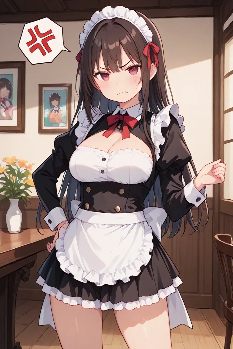 (highres), (absurdres), (best quality), (high quality), (masterpiece), 1girl, komi shouko, purple eyes, long hair, hair over one eye, very long hair, dark purple hair, (large breasts:1.2), hair ribbon, maid, maid headdress, apron, frills, frilled apron, puffy sleeves, short sleeves, white gloves, white thighhighs, arms behind back, looking at viewer,