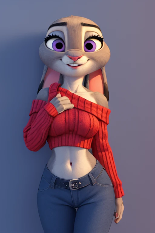 best quality,
masterpiece,
3D anime,
(((solo))),
(((1girl))),
(((Face is JudyHopps))),
(long ears like a rabbit:0.8),
Heir is in a ((ponytail)) style,
see-through bangs,
wispy bangs,
((Her eyes color is purple)),
6.5 head and body,
turtleneck sweater outfit,
white sweater,
roll up the sweater,
black skirt,
stomach is exposed, 
Navel is completely exposed, 
(outfit is made of wool:1.4),
(((body is made of wool fabric))),
(((body is gray with fluffy and fluffy))),
(((skin is wool fabric with fluffy and fluffy))),
((She is blushing in the cheeks)),