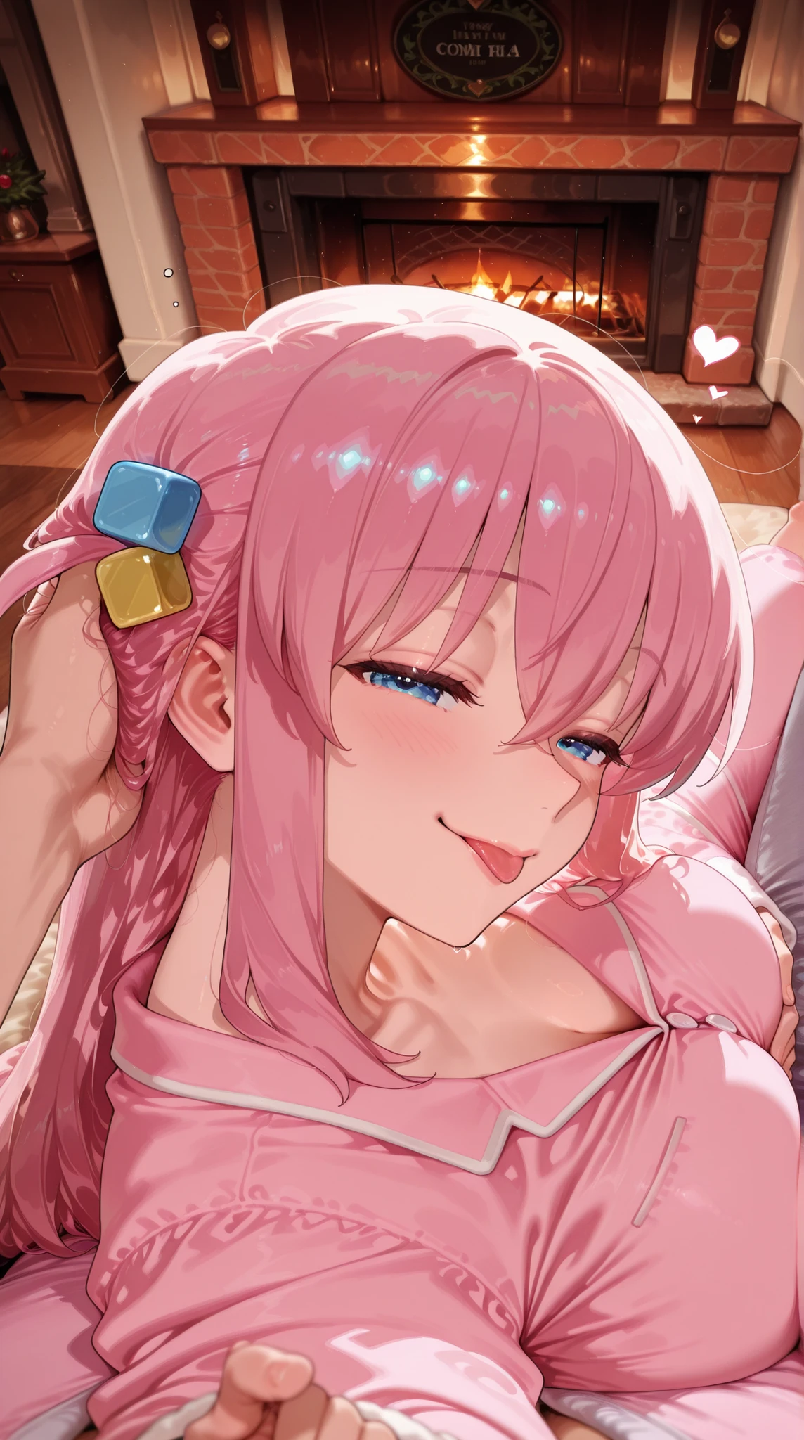 1girl on side, lying, from side, resting head, sleepy face, happy, tongue put, lips, bochi the rock, hitori gotoh, bochi hitori, resting on chest, lean back, looking at viewer, head on pov chest, snuggle, flirt, romantic atmosphere, happy, hearts, fireplace, home, cozy, male pov, povoverShoulder, pov hands, pov arms, head grab, arms rest, caressing hair, sfw. lying on lap, tongue out, breast rest, hair ornament, pink pajamas