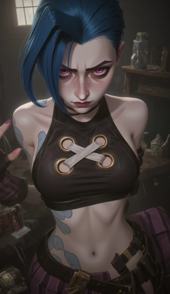close up, side view, jinx, mouth wide open, open mouth, portrait picture, vibrant colors, highly detailed, high animatation design, high contrast colors, on her knees, , side view, high details, perfect  details, game design, arcane, jinx, side view, side view, view side, profile picture, , , her body is covered in , body covered in , in toilet, filthy toilet, full body