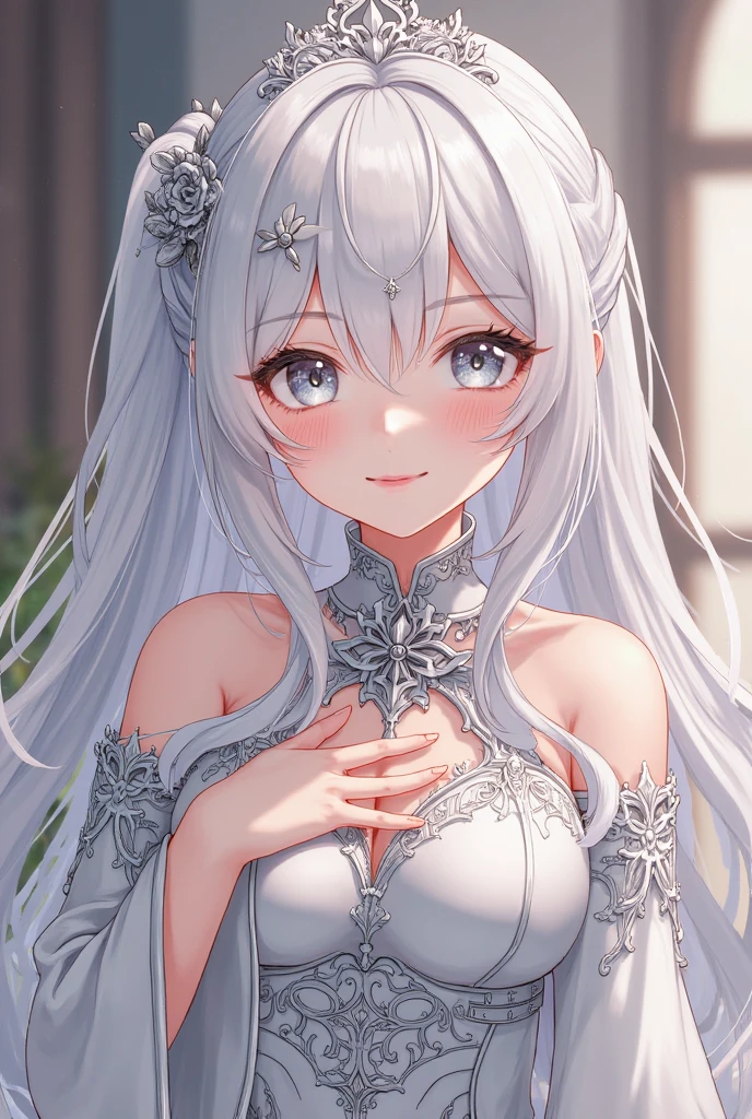 (Best Quality: 1.3), 8k, (Masterpiece: 1.3), Ultra High Resolution, One Girl, Lilac Eyes, Shining Eyes, (White Hair: 1.5), (White Prom Dress: 1.5), Empire Dress, (Full Body: 1.4), Cute Face, Lovely Face, Medium Length Hair, Smile, (Trulli: 1.5), Looking into the Camera, 22 years old,
