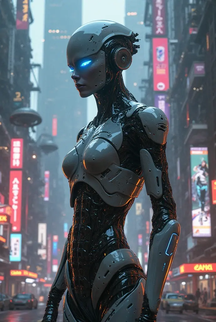 Within a futuristic metropolis, a cyborg woman, her attire shredded, stands against the backdrop of towering holographic billboards, amidst a sea of bustling crowds, showcasing the fusion of human and machine in a cyberpunk world, Digital art, high-resolution render, --ar 16:9 --v 5