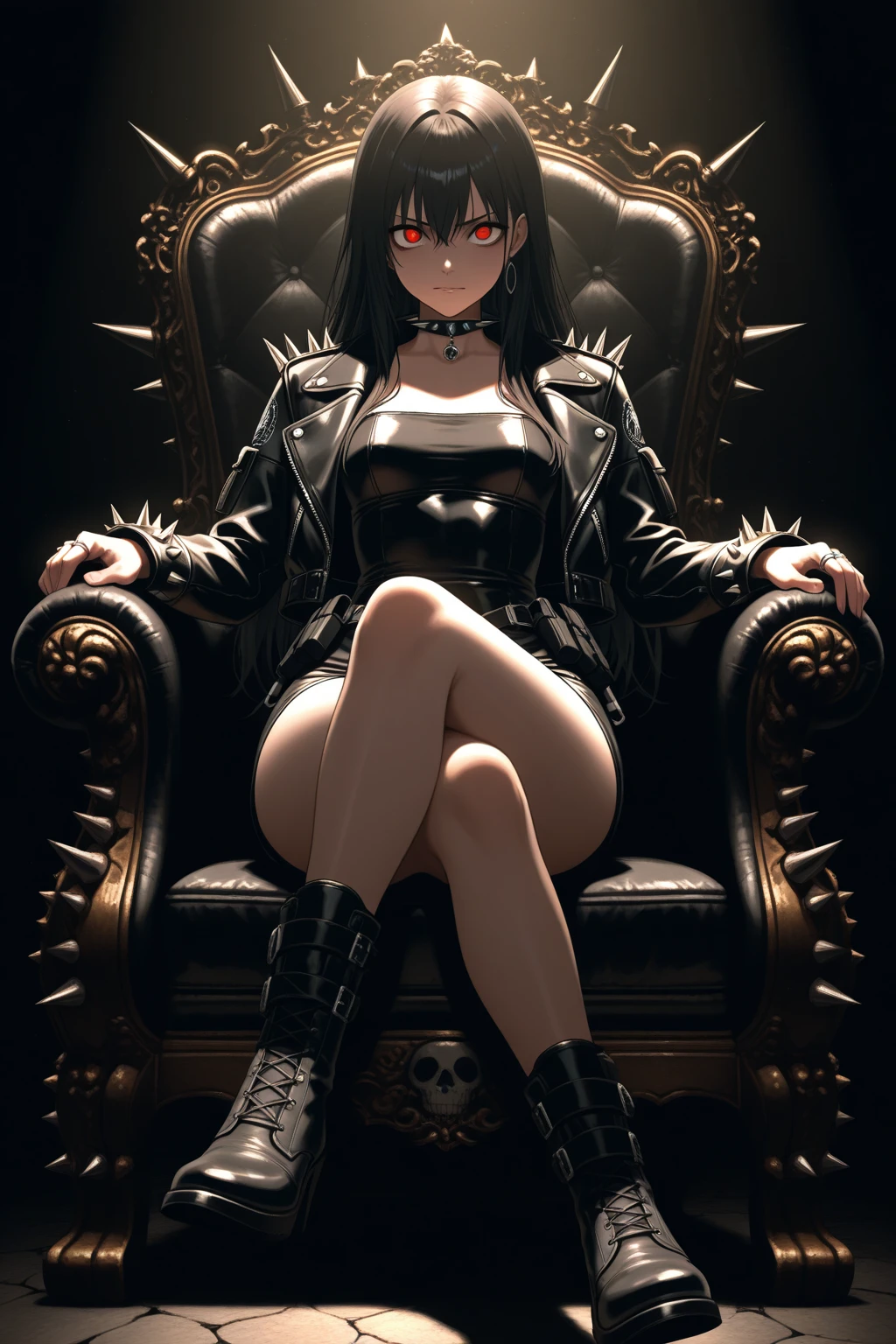 Black leather gloves with five fingers on both hands, Black leather tight skirt, black leather blazer, Long black leather boots, sit with sexy legs lined up on a luxurious leather chair, both hands in leather gloves are aligned on the knees, Hair tied behind her, A mysterious goth woman with heavy makeup