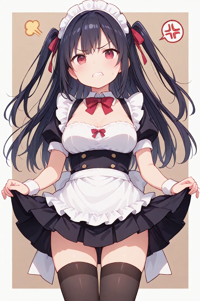 (8K、Highest image quality、highest quality、masterpiece)、detailed face、 1 girl、black hair、twintails、blunt bangs、gray eyes、evil smile、((grin))、small breasts、white brim、((maid))、short sleeve、apron、white socks、shoes、whole body、put your hands on your hips、((bent over:1.3))、luxury room background