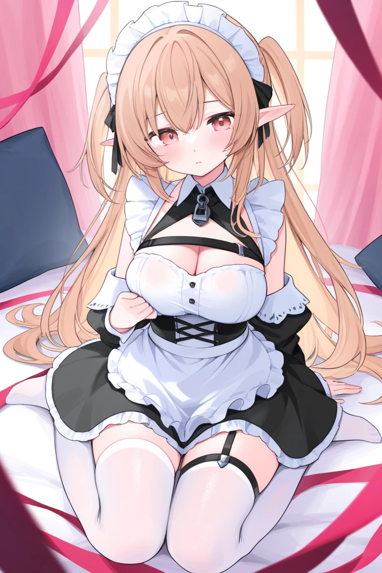 (One girl)、(medium length hair)、(sidelock)、((Blonde))、(slan eyes)、（boyish）、cute、(Big super breasts)、((Chubby))、Maid、No sleeve、mini skirt、White sleeveless、thigh-high socks thighhighs、(long gloves)、hairs between eyes、(coarse hair)、[flipped hair]、pink eye、expressionless、one eye closed、arm behind back、two side up、White Background、