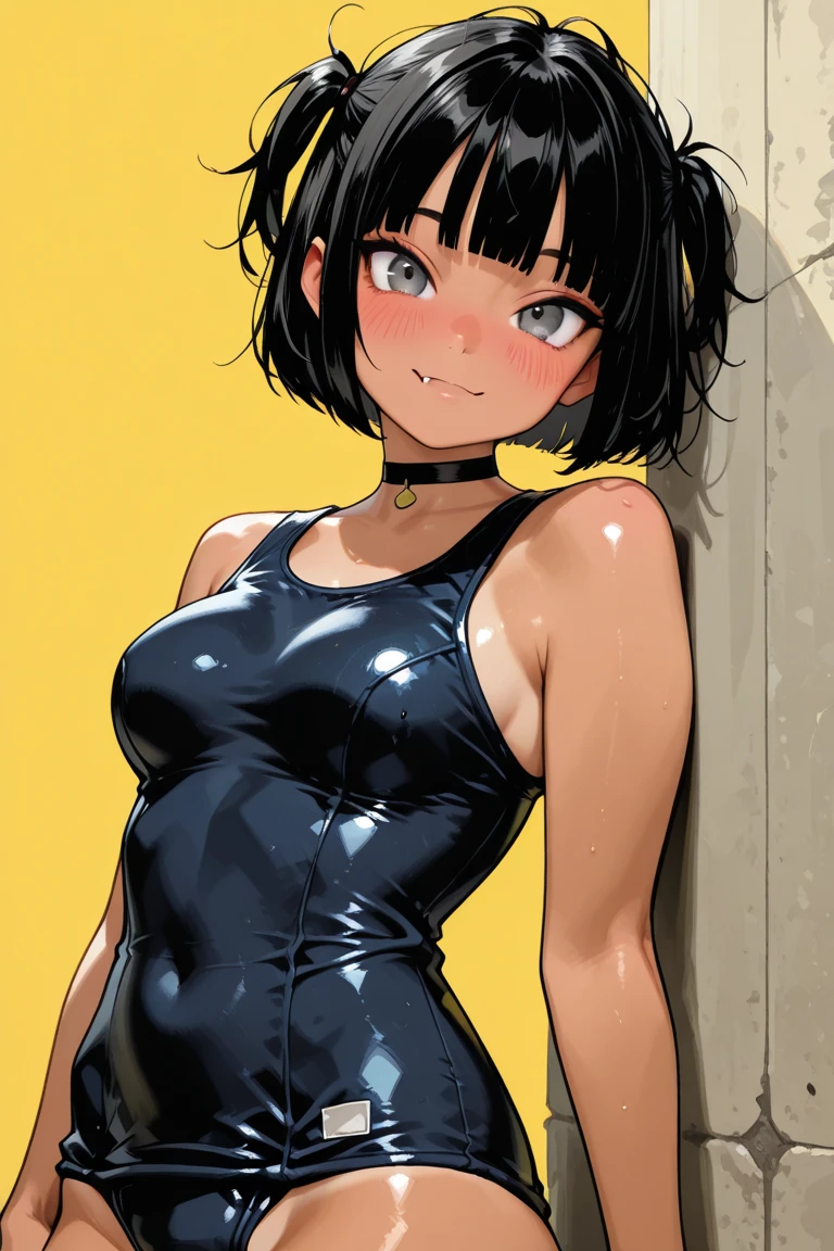 ((Looking away2.0,from side)),Inside the sports gym,inside the dance studio,((face close up1.8)),One 16 years old girl,sweat,(dark skin color),short black hair,seductive smile,high-neck-leotard,bodysuit.