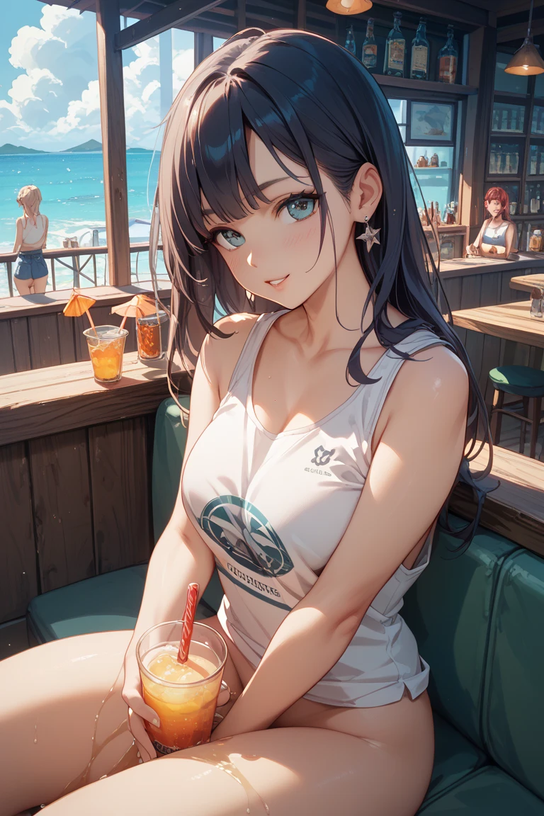 ((masterpiece, Highest quality, High resolution, 超High resolution, Pixel perfect, Written boundary depth, 4K, RTTX 10.0, High resolution))), 1 person, single, alone, Beautiful Anime, Beautiful art style, Anime characters, ((Shortcuts, bangs, Dark brown hair)), ((Green Eyes:1.4, Round eyes, Beautiful eyelashes, current eyes)), ((Smooth texture:0.75, Anime CG style)), ((Dynamic Angle, close)), Perfect body, (cute), Normal chest, whole body, ((4K, 8k, Highest quality, Perfect Fingers: 1.3, Perfect Anatomy: 1.3, Background Blur)), whole bodyアングル, An illustration of someone at a restaurant with a view of the sea., The character is dressed in a refreshing summer outfit, Sitting in the window seat, She gazes at the beautiful sea stretching out beyond the window, Enjoying a meal with a relaxed expression, Delicious food and drinks are lined up on the table, The blue sea and sky spread out in the background., Gentle waves are lapping at the shore