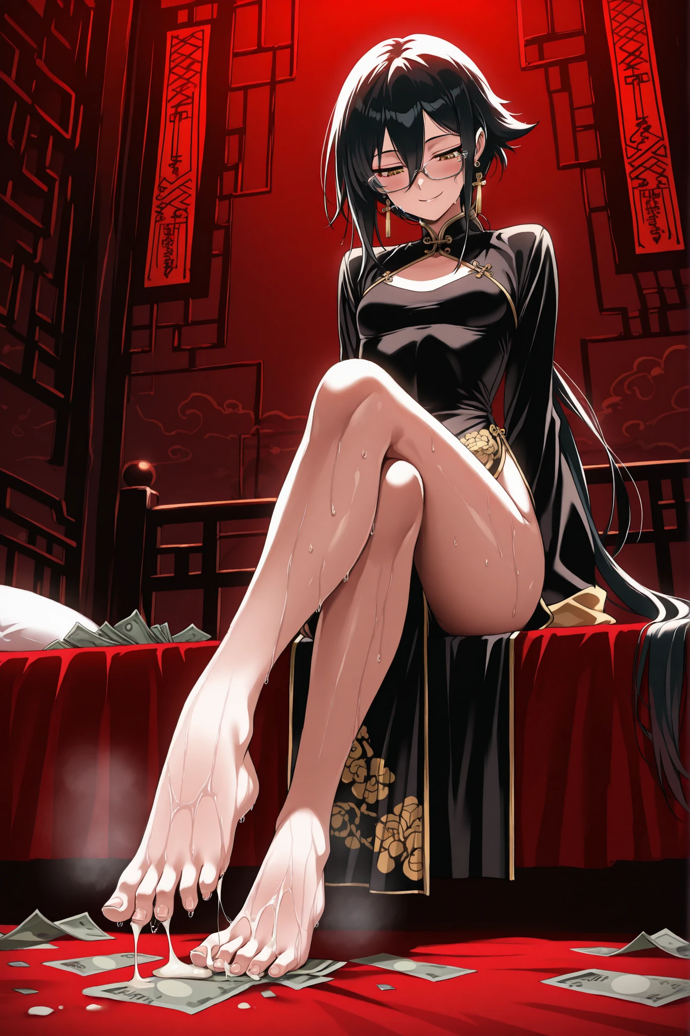 masterpiece, best quality, amazing quality, very aesthetic, foreshortening, 1 girl, taoist, wearing black and gold cheongsam, very long sleeves, have black hair, long bangs, low ponytail, extremely long ponytail, narrowed eyes, yellow eyes, glasses, chinese style earrings, smiling kindly, looking down, skinny, small breast, blushed, sweaty, BREAK, showcasing toes, cross legs, sitting on bed, (((semen on toes))), BREAK, Chinese talismans scattered everywhere, money bills scattered everywhere, red lighting, underlighting ,dark theme, steam, NSFW, cyberpunk, view from down