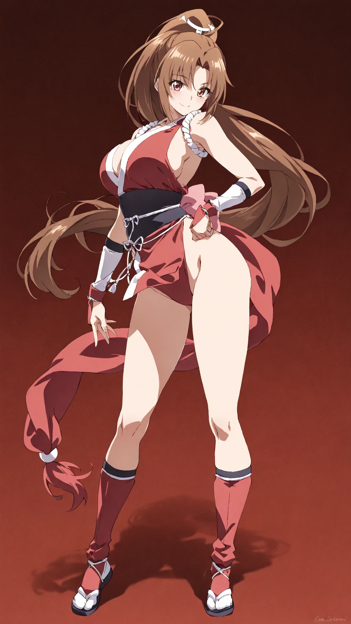 Izayoi Aki, Standing split, empty eyes, smile, big breasts, precise hands, short crimson skirt, red and black corse, anime style