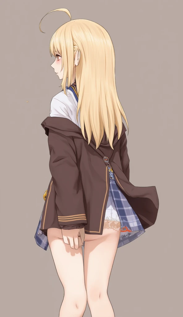 High resolution, masterpiece, Highest quality, 1,young woman　,blonde ,Very long hair, Pointy Ears, Twin Drill, Red eyes, One personで,Ahoge,Fairy,Drill Hair, Hair between the eyes, bangs, Hair Intake, Hair behind the ear, Long sleeve, school uniform, Red Skirt, Red bow tie, Black corset ,Knee socks, White shirt,(masterpiece:1.0), (Highest_quality:1.0)photograph, 8k, High resolution, High resolution, Absurd,  (white and black Lace panties), (show off panties: 1.3), (standing), (skirt lift: 1.3), (from below)