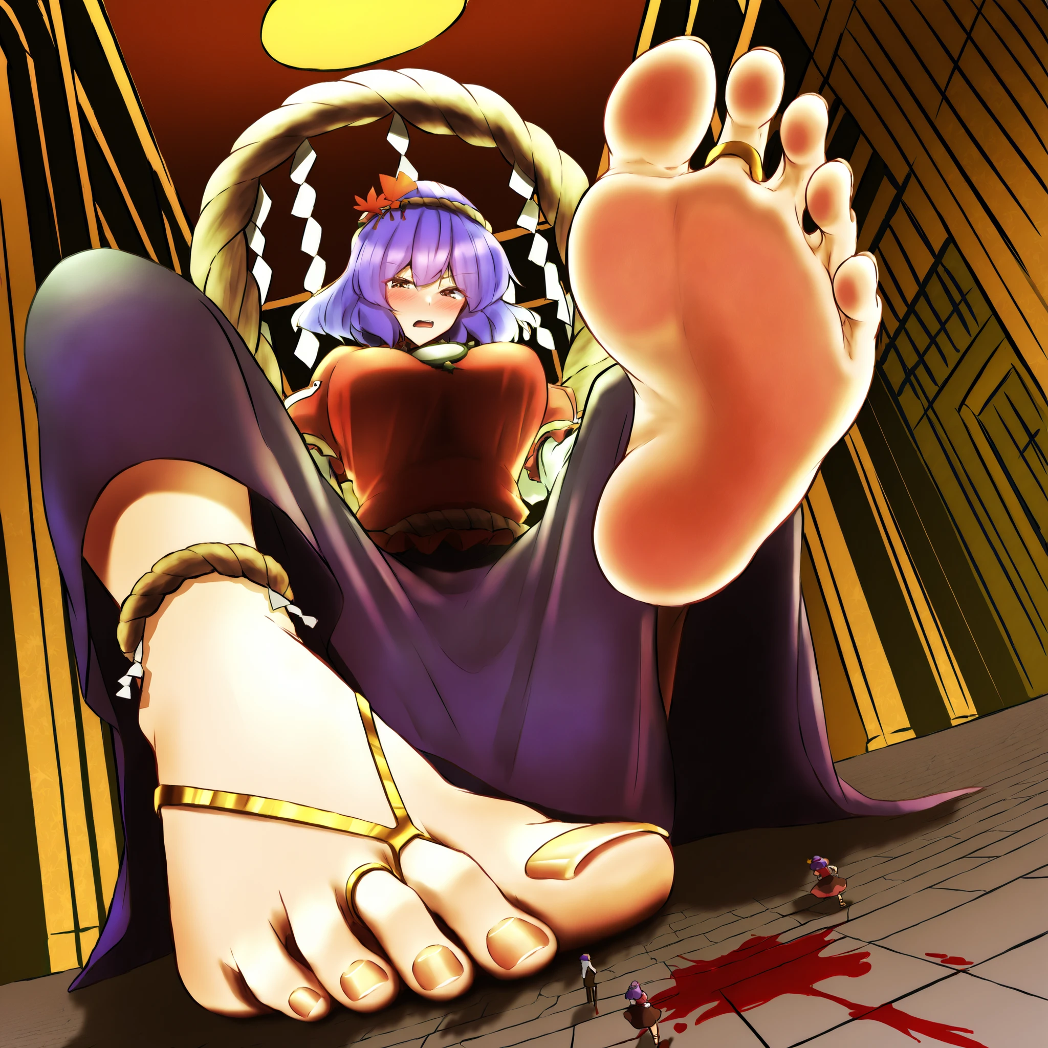 Yasaka Kanako from Touhou Project, giantess, cruel expression, anime-style, from below POV, stepping on tiny people, blood stains and splashes on bare sole, detailed foot close-up, focus on giant foot, dominant and sadistic attitude, crushed victims under foot, floor cracks, dramatic lighting, arabian belly dancer outfit, flowing translucent fabric, golden barefoot sandals, gem-decorated foot jewelry, anklets, toe rings, rich ornaments, red and gold color palette, dynamic composition, soft shading, high detail, ultra-detailed foot texture, towering perspective, city floor interior, intense shadows ,purple hair,giantess,feet,tinyguy,blood,stainblood,macrofilia,crush,sole focus,toes,toenail,girl,giant,legs up, from below, foot, foot focus,looking at viewer, blush,Yasaka Kanako, touhou Project, purple hair, short hair, brown eyes, shimenawa, rope, leaf, hair ornament, red shirt, layered sleeves, short sleeves, white long sleeves, mirror, short skirt, zouri, large breast,
