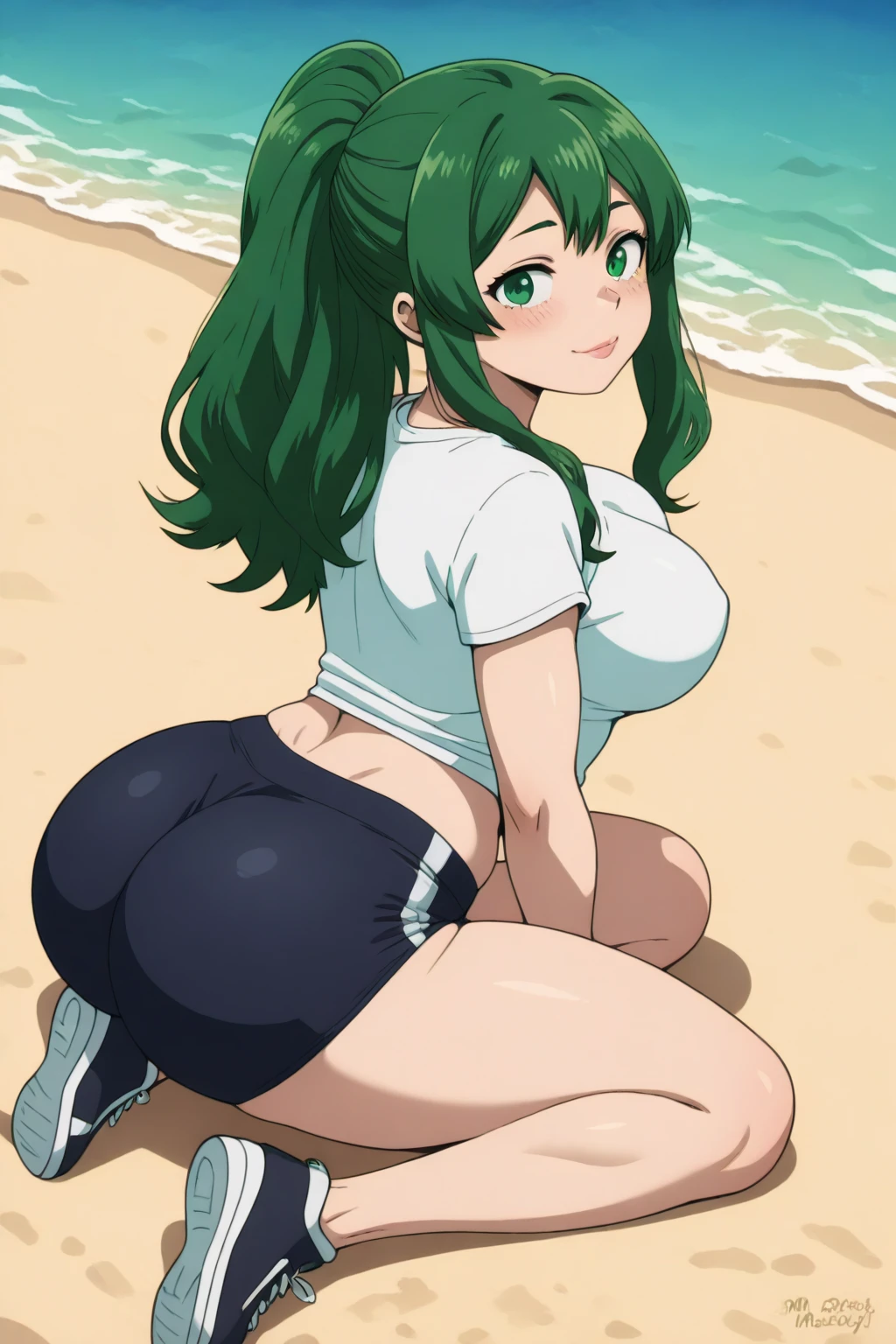 Code Geass, code geass at style, C.C, 1girl, (((bimbo))), long green hair, yellow eyes, ear rings, puffy lips, painted lips, thick lips, wide hips, thick thighs, small breast, huge ass, revealing cleavage, erotic, sexy face, bubble butt, camel toe, black bikini, ass posing, looking back, legs posing, walking, beach,