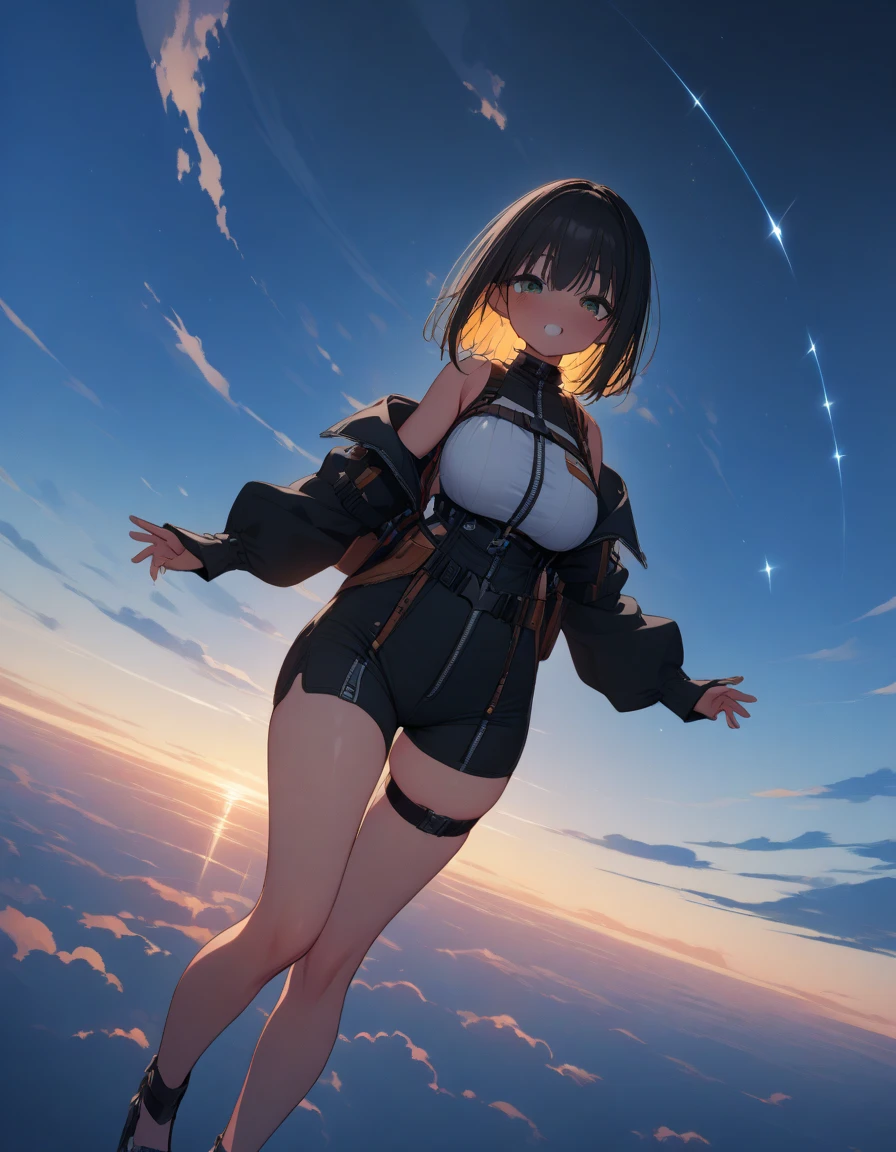 (((Towering over you))), giant brooke monk in provocative crop top, brown hair, smirking, standing on a planet in space with her full body in view, furrowed brow