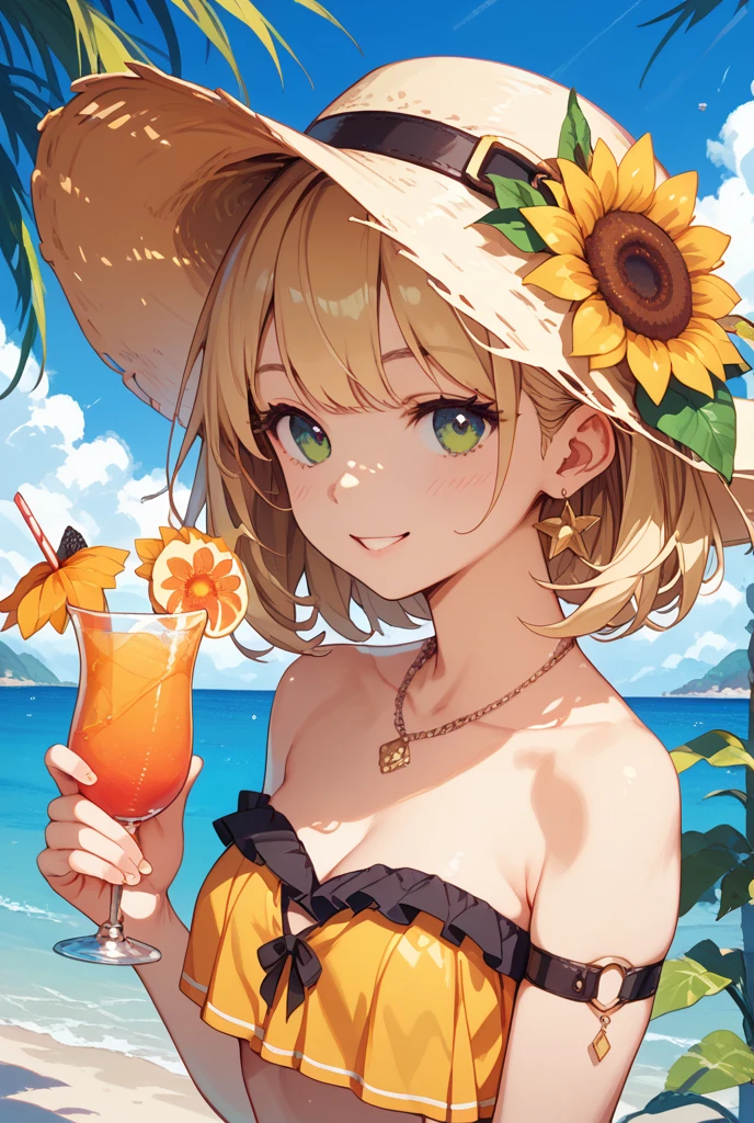 masterpiece, best quality, feSelena, green capelet, one-piece swimsuit, flower, shiny skin, beachside, sand, cocktail, palm trees, looking at viewer, smile 