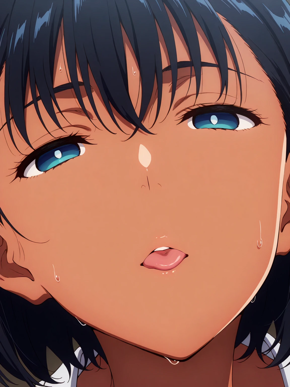 anime screencap, yuri, close-up, long hair, black hair, blue eyes, (pussy juice:1.5), (pussy juice in mouth:1.5,) (pussy juice on face:1.5), black lipstick, smile, heart-shaped pupils, (pussy juice in nose:1.5)