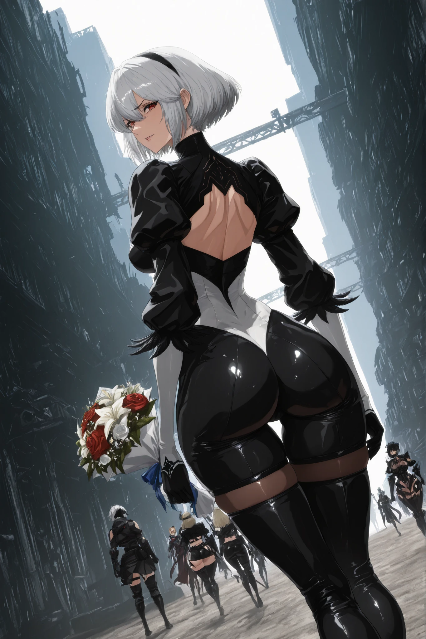 score_9,score_8_acima,score_7_acima, score_6_acima, score_5_acima,Fonte_anime, corpo inteiro, quarto de dormir, sfw, sensuais, sedutora, dystopian decadent city, a beautiful interpretation of 2b, yorha no. 2 Tipo B, cabelo curto, cabelo branco, verruga, faixa de cabelo, venda para os olhos, olhos cobertos, olho negro vendado, furrowed eyebrows, very cabelo branco, cabelo rebaixado, female, body preto virgem, peituda, curvy hips, ajuste de forma, sedutora, (seios falsos), Butt bouquet, Coxas grossas, Tilted Dutch Angle, looking at the spectator, dynamic angle, view in three bedrooms), (apenas), Garras longas, rear view with the best shade and best HD resolution