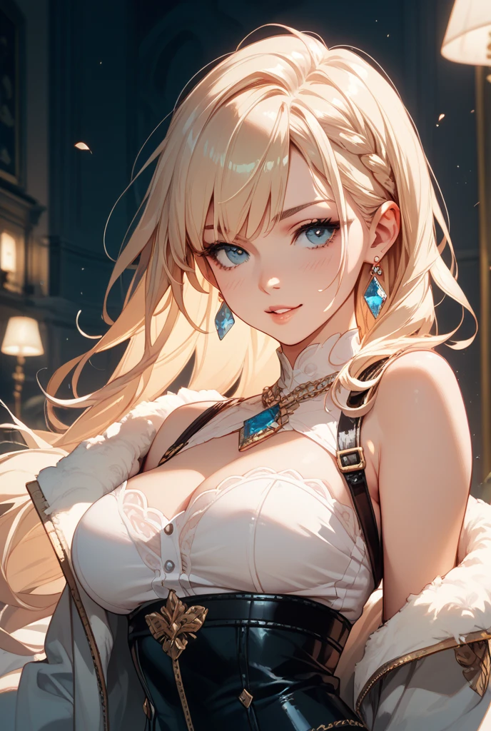 official art, masterpiece, sharp focus, (beautiful gorgeous cute Korean woman:1.3), (beautiful cute korean:1.3), korean beauty, Delicate and beautiful hair and eyes and face, realistic, ultra detailed, beautiful girl, blue sky, glow white particle, (sidelighting:1.2), slender, Lovely, very huge breasts and wide hips, massive breasts, pink blush on breasts, panty under skirt, ((shy and aroused)), looking at viewer, scenery, long straight hair, sexy facial expression, dynamic hair, long straight hair, detailed platinum blond hair, glow blue eyes, innocent, (grey pleated skirt+white off shoulder shirt), pale skin, at school