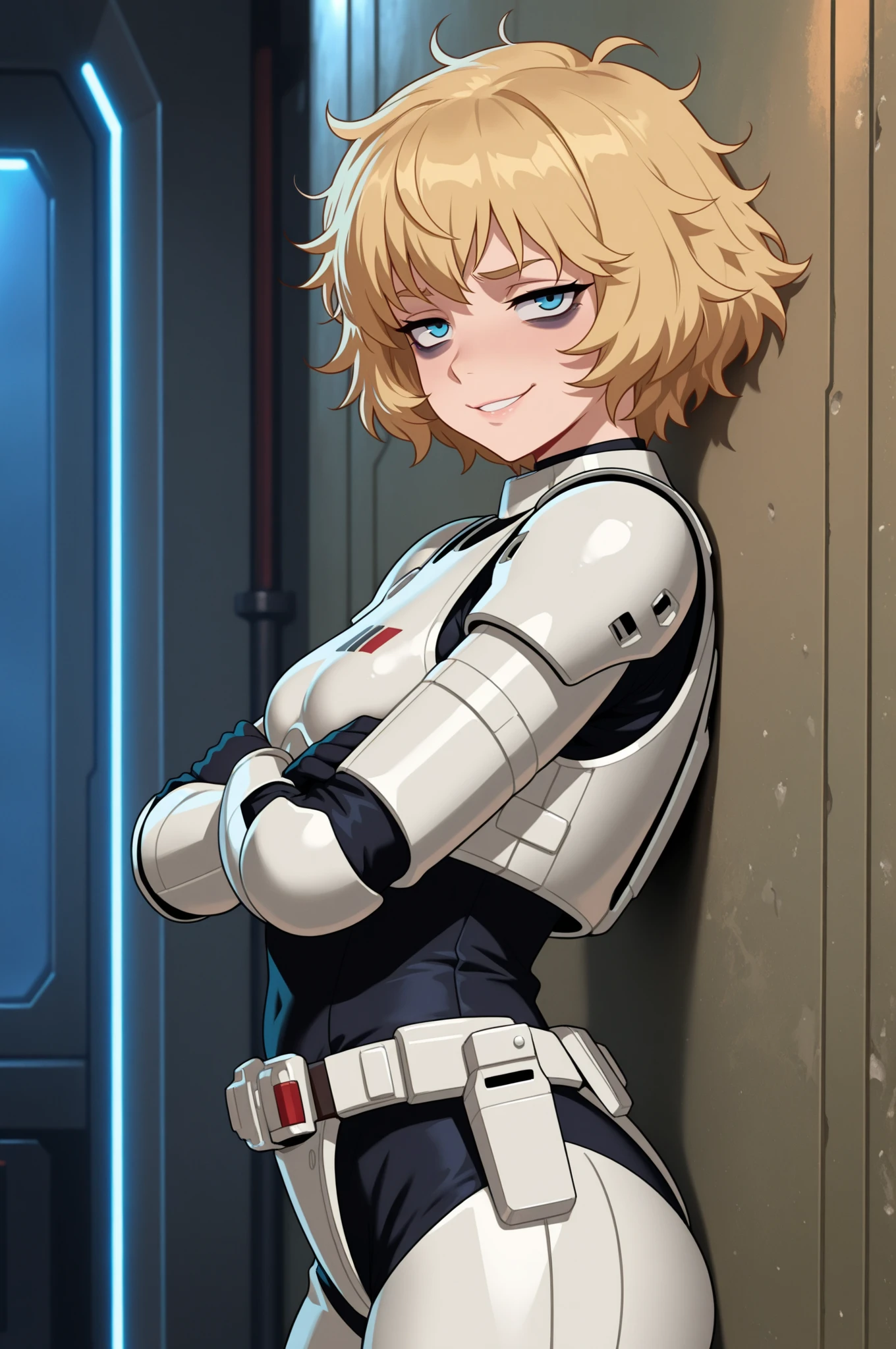 (masterpiece, best quality:1.3), perfect anatomy, (dark-skinned_female:1.3)  <lora:Kinomi Ebony Anime:1>, (establishing shot from side Dutch angle:1.3), solo 1girl 20 year old women, fancy detailed beautiful stone church, wearing knights crusader armor no helmet, cross necklace, placing hand on large stone cross, Catholic décor, (happy closed smile lush lips), detailed beautiful face, beautiful fierce amethyst eyes, chin-length curly hair high bun, chiaroscuro, volumetric lighting, volumetric shading, high resolution, extreme detail