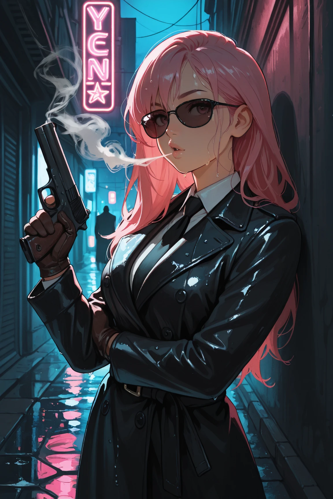 (masterpiece:1.2), (best quality), anime style, ultra-detailed, young-faced cute female mafia boss, sweet and innocent expression, long flowing pink hair, 3/4 view, blowing smoke from a gun barrel, smoking handgun in hand, confident and calm, elegant mafia-style outfit, black trench coat, leather gloves, upper body (face to waist), dynamic composition, night alley after rain, wet reflective pavement, neon lights, cinematic backlight, dramatic shadows, moody atmosphere, multiple henchmen in suits and sunglasses surrounding her, bodyguards standing guard, urban noir style
